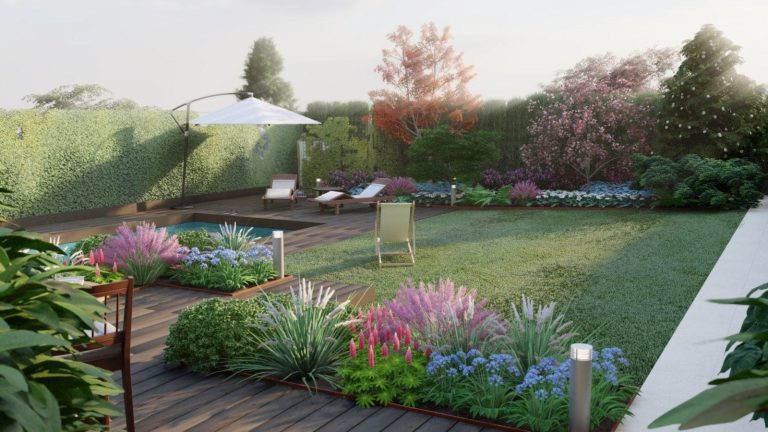 Infografía 3D para jardín en vivienda particular